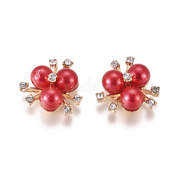 Cabochons en alliage, avec strass en cristal et perle d'imitation acrylique, fleur, or clair, rouge, 19~20x21~22x10mm