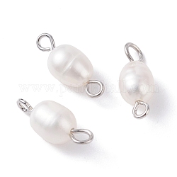Connettori di collegamento di perle di perle d'acqua dolce coltivate naturali, con 304 scoperte in acciaio inox, riso, colore conchiglia, 15x6mm, Foro: 2 mm