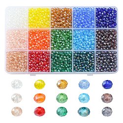 3000Pcs 15 Colors Electroplate Glass Beads Strands, AB Color Plated, Faceted, Abacus, Mixed Color, 4x3mm, Hole: 0.4mm, 200Pcs/color