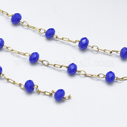 Handgefertigte Glasperlenketten, gelötet, mit Spule, Messingkette, Blau, 3x2 mm, ca. 32.8 Fuß (10m)/Rolle