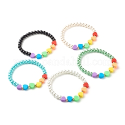 Bracciale elasticizzato con perline a cuore per donna ragazza, braccialetto di perle di vetro, pasta polimerica e perline di ottone, colore misto, diametro interno: 2-1/8 pollice (5.3 cm)