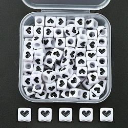 Perles acryliques opaques, cube avec le coeur, blanc, 6x6x6mm, Trou: 3.5mm, 100 pcs / boîte