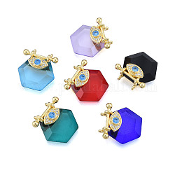 Brass Micro Pave Clear Cubic Zirconia Pendants, with Glass, Nickel Free, Real 18K Gold Plated, Hexagon with Eye, Mixed Color, 24x22.5x9mm, Hole: 1.8mm