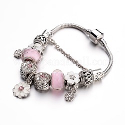 Mode Messing europäische Armbänder, mit Glasperlen und Strass-Legierung Emaille-Perlen, Perle rosa, 190x3 mm