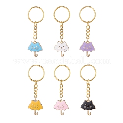 Ensembles de porte-clés pendentifs en alliage d'émail, avec accessoires en 304 acier inoxydable, parapluie chat, couleur mixte, 7.5 cm, 6 pièces / kit