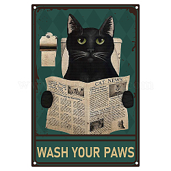 Creatcabin Plaques en métal drôles de chat noir - Plaques en métal vintage - Lavez vos pattes - Chat lisant le journal - Affiche rétro pour salle de bain - Décoration murale pour la maison, la chambre, la cuisine, le café, le bar - Cadeaux 8 x 12,[5] cm
