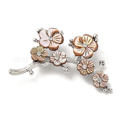 Peach Blossom Flower Natural Dyed White Shell Brooches for Women, with Platinum Tone Brass Branch, Camel, 29x48x9.5mm
