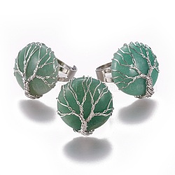 Anneaux verts aventurine des doigts naturelles réglables, avec les accessoires en laiton de tonalité de platine, plat rond, taille 8, 18mm