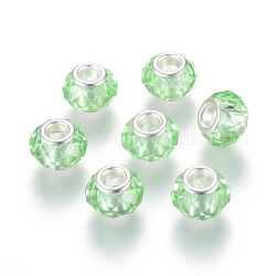 Handgefertigte Glasperlen europäischen, Großloch perlen, Farbe Silber Messingkern, hellgrün, 14x8 mm, Bohrung: 5 mm