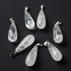 Pendentifs de cristal de quartz naturel, pendentifs en cristal de roche, avec les accessoires en laiton de platine, larme, 26.5~29x10mm, Trou: 2.5~3.5x4~6mm