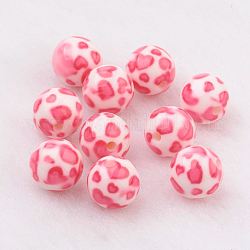 Spray Painted Resin Beads, with Heart Pattern, Round, Hot Pink, 10mm, Hole: 2mm