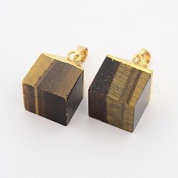 Natural Tiger Eye Gemstone Cube Pendants, with Golden Plated Brass Finding, 25x16x16mm, Hole: 5x8mm