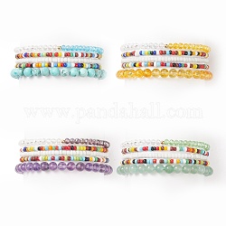Faceted Glass & Gemstone Stretch Beaded Bracelets Sets, Bohemia Seed Beads Bracelets for Women, Inner Diameter: 2-1/8~2-3/8 inch(5.3~6cm), 5pcs/set