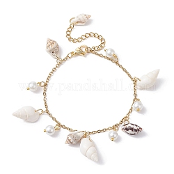 Braccialetti con ciondoli con conchiglia a spirale naturale e perle di vetro, oro, 7-1/8 pollice (18 cm)