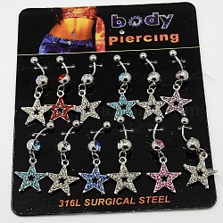 Body Jewelry Star Alloy Rhinestone Navel Ring Belly Rings, Platinum, Mixed Color, 25x19mm, Pin: 1.5mm, Ball: 5mm, 8mm, 12pcs/board