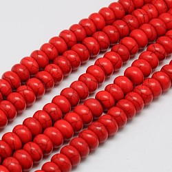 Abalorios de turquesas sintéticas hebras, teñido, rerondana plana, rojo, 6x4mm, agujero: 1 mm, aproximamente 88~90 pcs / cadena, 15 pulgada