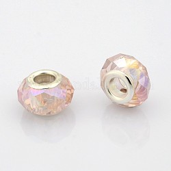 AB Color Plated Glass European Beads, Large Hole Rondelle Beads, with Silver Tone Brass Cores, Faceted, Misty Rose, 14x9mm, Hole: 5mm