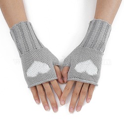アクリル繊維糸編み指なし手袋  ツートンカラーのハート柄の親指穴付き冬用暖かい手袋  濃いグレー  200x85mm