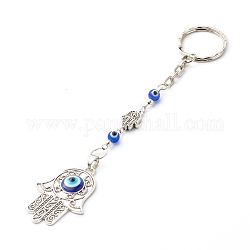 Alloy Keychain, with Iron & 304 Stainless Steel Key Clasp Findings, and Enamel & Tibetan Style Alloy Beaads, Hamsa Hand with Evil Eye, Antique Silver, 15.5cm, Pendant: 41.5x29x5.5mm.