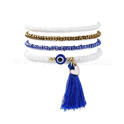 Ensemble de bracelets extensibles en perles de verre et de résine, 4 styles, 4 pièce, mauvais œil, Breloques cœur et pompon en alliage émaillé, bracelets empilables, bleu moyen, diamètre intérieur: 2~2-1/8 pouce (5.1~5.25 cm), 1pc / style