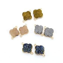 Flower Electroplated Natural Agate Crystal Brass Links, Golden, 22x14x6~10mm, Hole: 1.5mm
