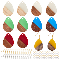 Olycraft DIY Dangle Earring Making Kits, Including Resin & Walnut Wood Pendants, Brass Earring Hooks, Brass Jump Rings, Teardrop, Mixed Color, Pendants: 36x26.5x3~4mm, Hole: 2mm, 6 colors, 2pcs/color, 12pcs/box