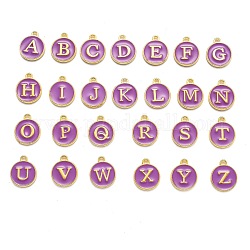 Lettre initiale a ~ z breloques en émail de l'alphabet, breloques double face disque rond plat, violet, 14x12x2mm, Trou: 1.5mm, 26 pièces / kit