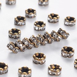 Abalorios de latón Diamante de imitación espaciador, aaa grado, borde ondulado, sin níquel, color de metal bronce antiguo, rerondana plana, cristal, 4x2mm, agujero: 1 mm