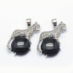 Natural Obsidian Pendants, with Alloy Findings, Leopard, Platinum, 33.5x20x7mm, Hole: 4x6mm