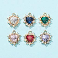 6 Uds. Colgantes de rhinestone acrílicos de 6 colores, con perlas de imitación de aleación y plástico, charms del corazón, color mezclado, 17x15x5mm, agujero: 1.4 mm, 1pc / color