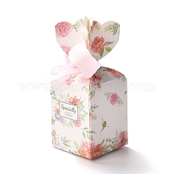 Paper Candy Boxes, with Polyester Ribbon, for Bakery Box, Baby Shower Gift Box, Floral Pattern, 5x5x12.8cm