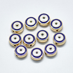 Perles d'émail en alliage, plat rond avec des yeux, or clair, bleu, 10x5mm, Trou: 1.2mm