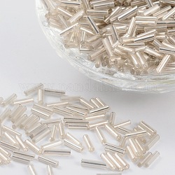 Glass tubulär Perlen, Silber ausgekleidet, Blumenweiß, 6~8x1.8 mm, Bohrung: 0.6 mm, 1250 Stück / 50 g
