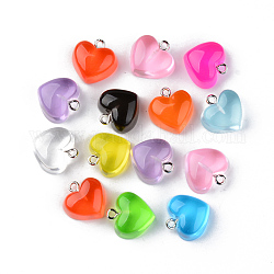 Transparent Resin Pendants, with Platinum Tone Iron Loop, Heart, Mixed Color, 16.5x17x9.5mm, Hole: 1.8mm