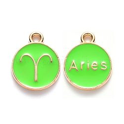 Alloy Enamel Pendants, Cadmium Free & Lead Free, Flat Round with Constellation, Light Gold, Pale Green, Aries, 22x18x2mm, Hole: 1.5mm