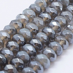 Electroplated Natural Agate Beads Strands, Rondelle, Faceted, Gray, 8x4~5mm, Hole: 1mm, about 89pcs/strand, 15.3 inch(39cm)