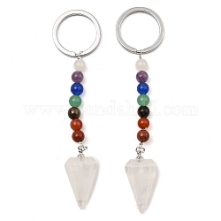 Porte-clés pendentif cône en cristal de quartz naturel, avec 7 perles de pierres précieuses chakra et des accessoires en laiton ton platine, 108mm