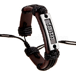 Bracelets réglables en cordon de peau de vache pour hommes, mot foi alliage liens bracelets, argent antique, 6-3/4 pouce (17 cm)