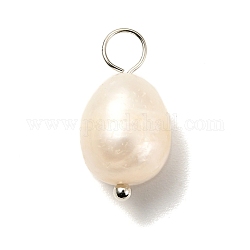 Pendentifs de perles d'eau douce de culture naturelle, avec épingles en laiton, riz, platine, 17~18mm, Trou: 3.5mm