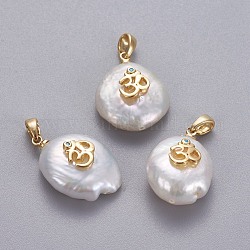Pendentifs de perles d'eau douce de culture naturelle, avec accessoires zircon cubique micro pave en laiton, pépites avec symbole yoga/om, Plaqué longue durée, or, bleu profond du ciel, 17~27x12~16x6~12mm, Trou: 4x2.5mm