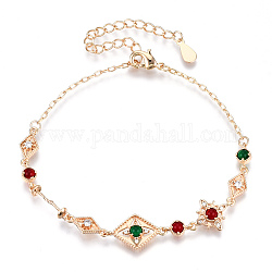 Colorful Cubic Zirconia Rhombus Link Bracelet, Brass Jewelry for Women, Cadmium Free & Nickel Free & Lead Free, Golden, 6-1/2 inch(16.5cm)