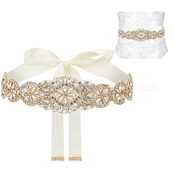 Brass Flower Bridal Belt with Glass Rhinestones for Wedding Dress, Polyester Ribbon Exquisite Sash for Wedding Belt, Golden, 113-3/8 inch(288cm)