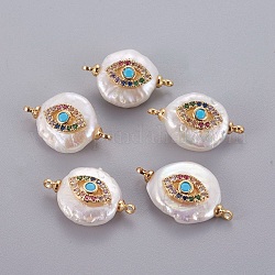 Conectores de eslabones de perlas naturales, Con latón micro pave cabujones de circonio cúbico., pepitas con ojo, dorado, 19~25x12~18x5~10mm, agujero: 1.2 mm