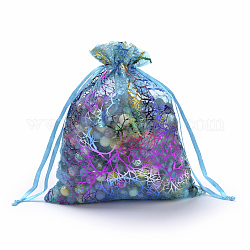 Sacchetti per regalo organza, borse coulisse, con motivo a corallo colorato, rettangolo, turchese scuro, 9x7cm