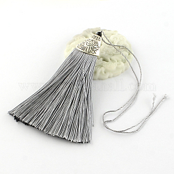 Décorations de pendentif pompon en polyester avec des accessoires en plastique CCB d'argent antique, grises , 80x20x11mm