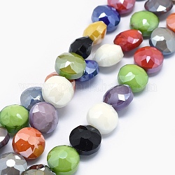 Electroplate Glass Beads Strands, Pearl Luster Plated, Faceted Flat Round, Mixed Color, 14x10mm, Hole: 1mm, about 22pcs/strand, 11.8 inch