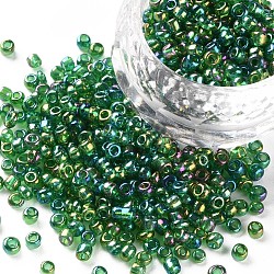 (servicio de reempaquetado disponible) perlas redondas de vidrio, colores transparentes arco iris, redondo, verde, 8/0, 3mm, aproximamente 12 g / bolsa