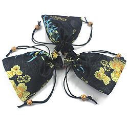 Pochettes d'emballage de bijoux en satin à motif de fleurs de style chinois, sacs-cadeaux à cordon, rectangle, noir, 14.5x10.5 cm