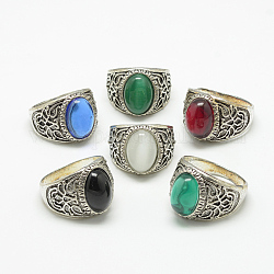 Anillos de dedo de banda ancha de vidrio, con fornituras de anillo de aleación, oval, plata antigua, tamaño de 7~11, color mezclado, 17~21mm
