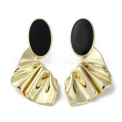 Rack Plating Real 18k Gold Plated Brass Oval Stud Earrings with Enamel, Lead Free & Cadmium Free, Black, 49x24.5mm